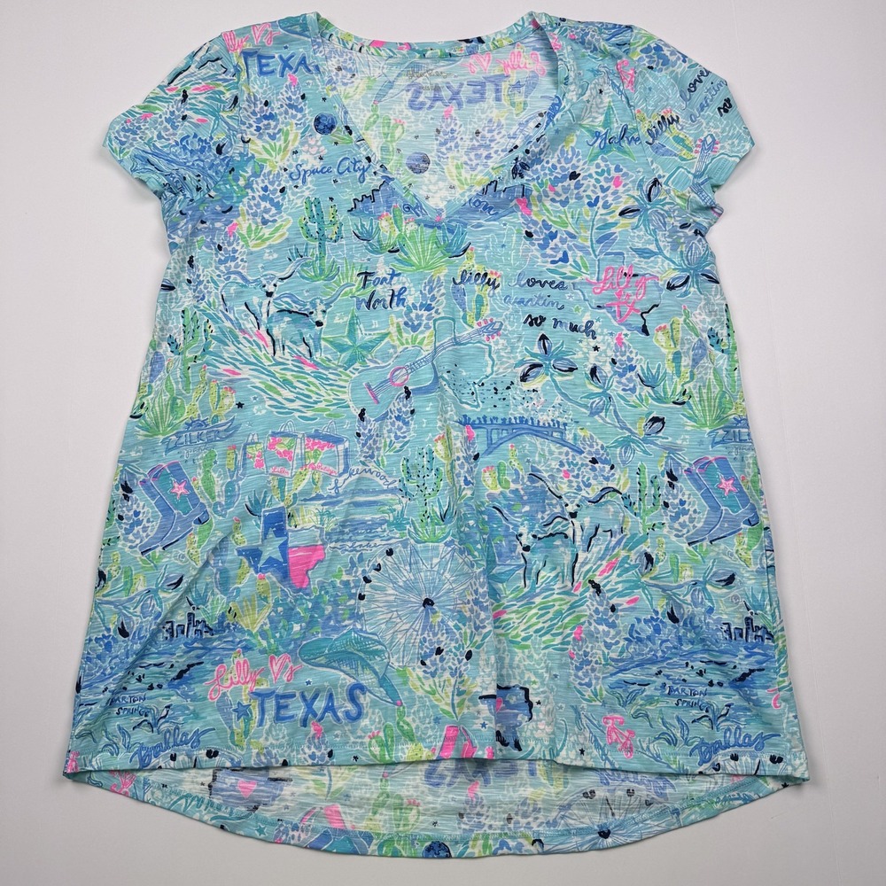 Lilly Pulitzer Shirt Womens Large Blue Etta Top Lilly Loves Texas Graphic Print